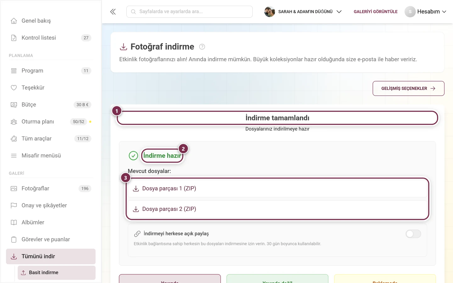 İndirme tamamlandı başlığı, yeşil İndirme hazır notu ve iki ZIP parçası içeren sonuç ekranı, hepsi işaretli