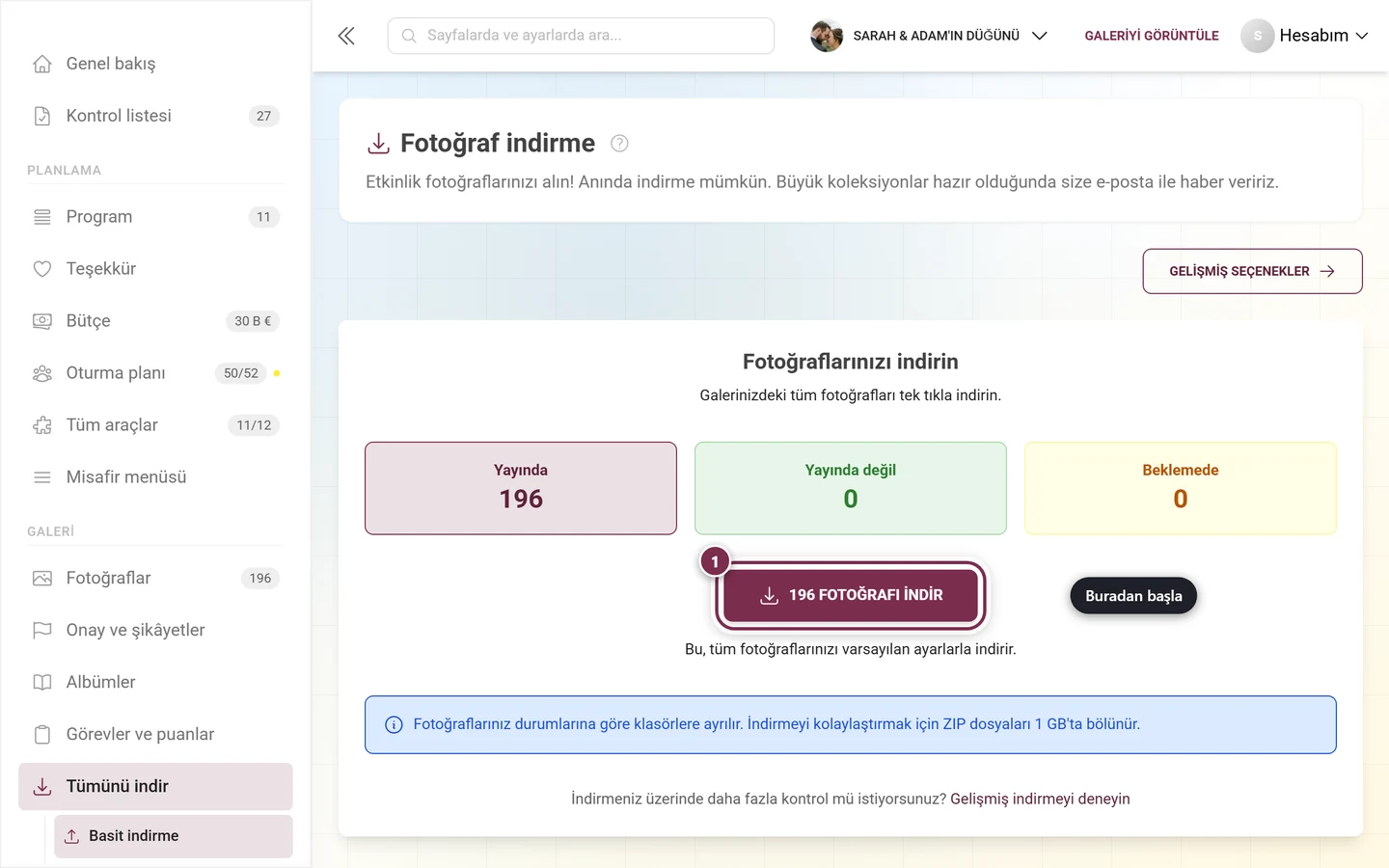 Fotoğraf sayısını gösteren indirme düğmesi, işaretli