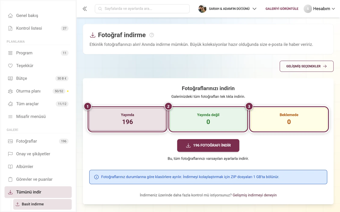 Basit indirmenin üç istatistik kutucuğu, üçü de işaretli