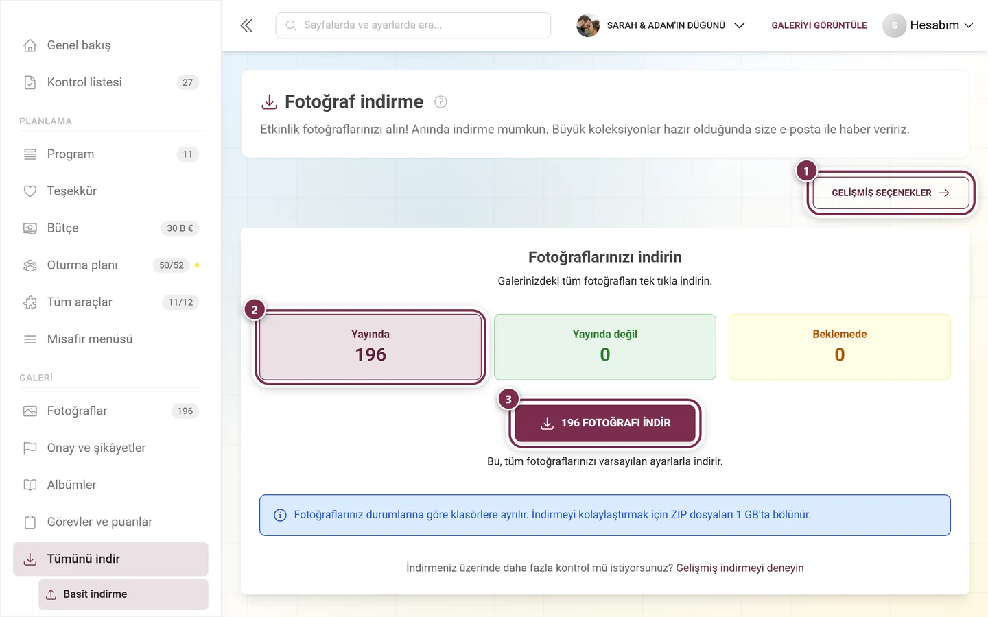 Yönetim alanındaki indirme sayfası; Gelişmiş seçenekler düğmesi, Yayınlandı kutucuğu ve indirme düğmesi işaretli