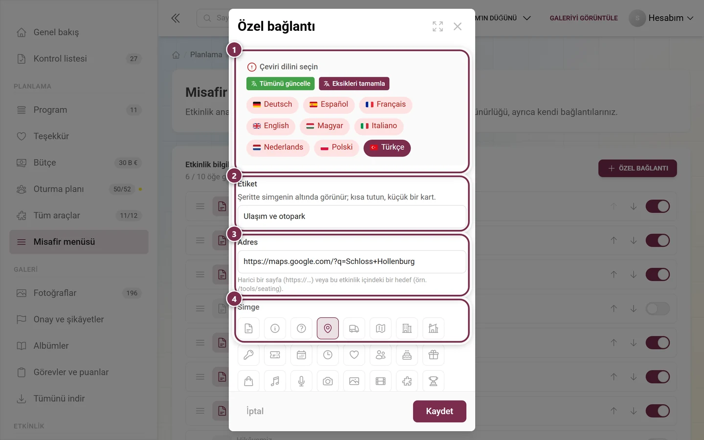Çeviri dili, etiket, adres ve simge seçimiyle Özel bağlantı iletişim kutusu