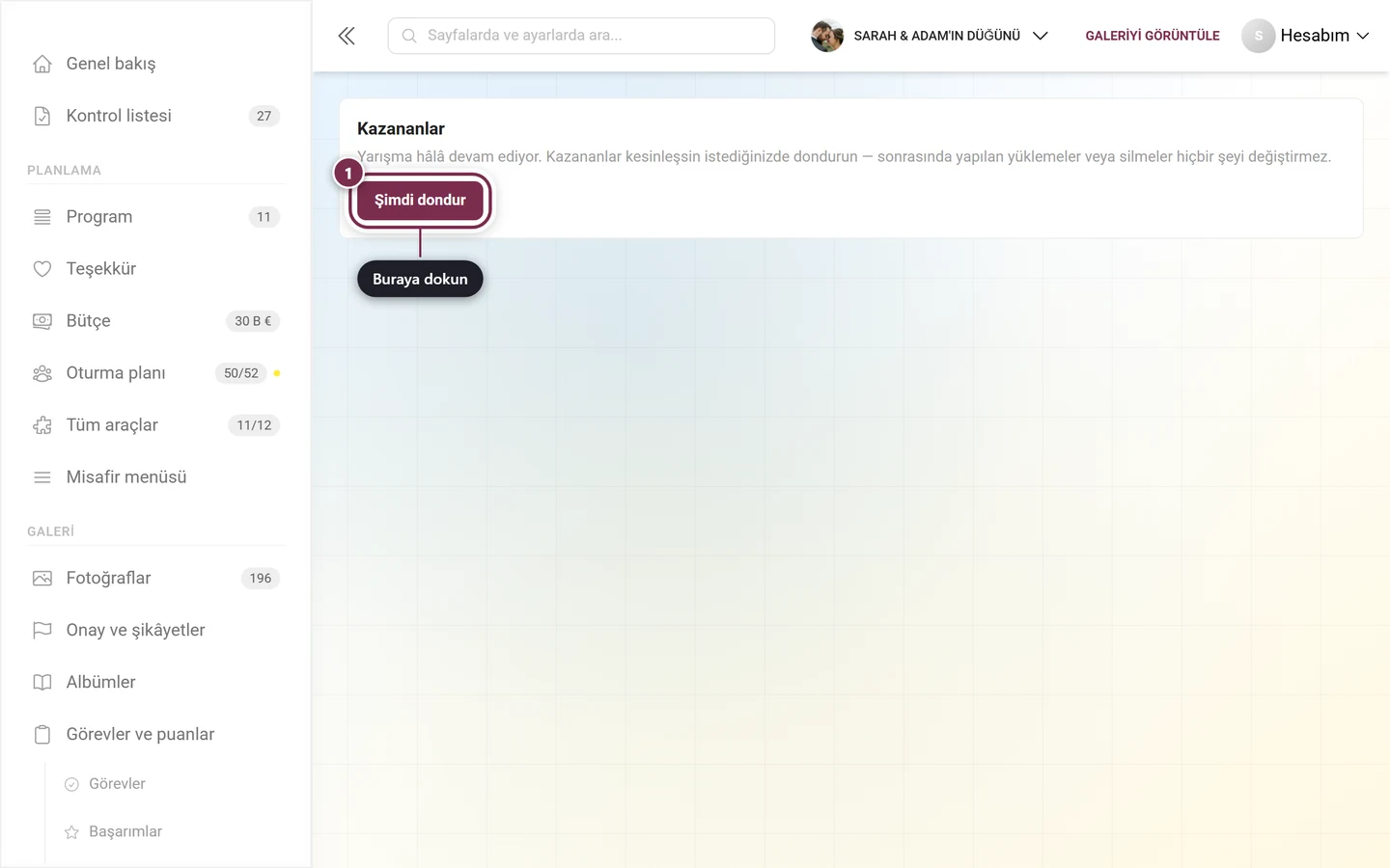 Devam eden yarışma ipucu ve Şimdi dondur düğmesiyle Kazananlar bloğu