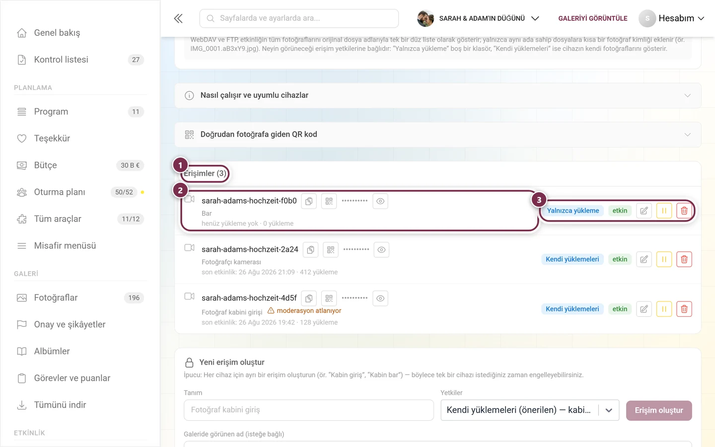 Başlığı ve bir satırı işaretlenmiş oluşturulan erişimler listesi