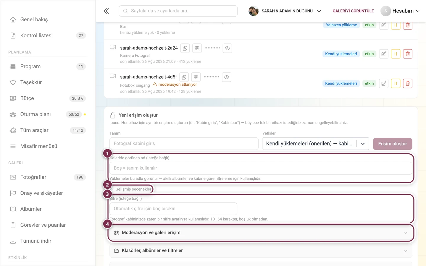Görünen ad, Gelişmiş seçenekler açılır bölümü, şifre alanı ve ilk seçenek grubu işaretlenmiş yeni erişim formu