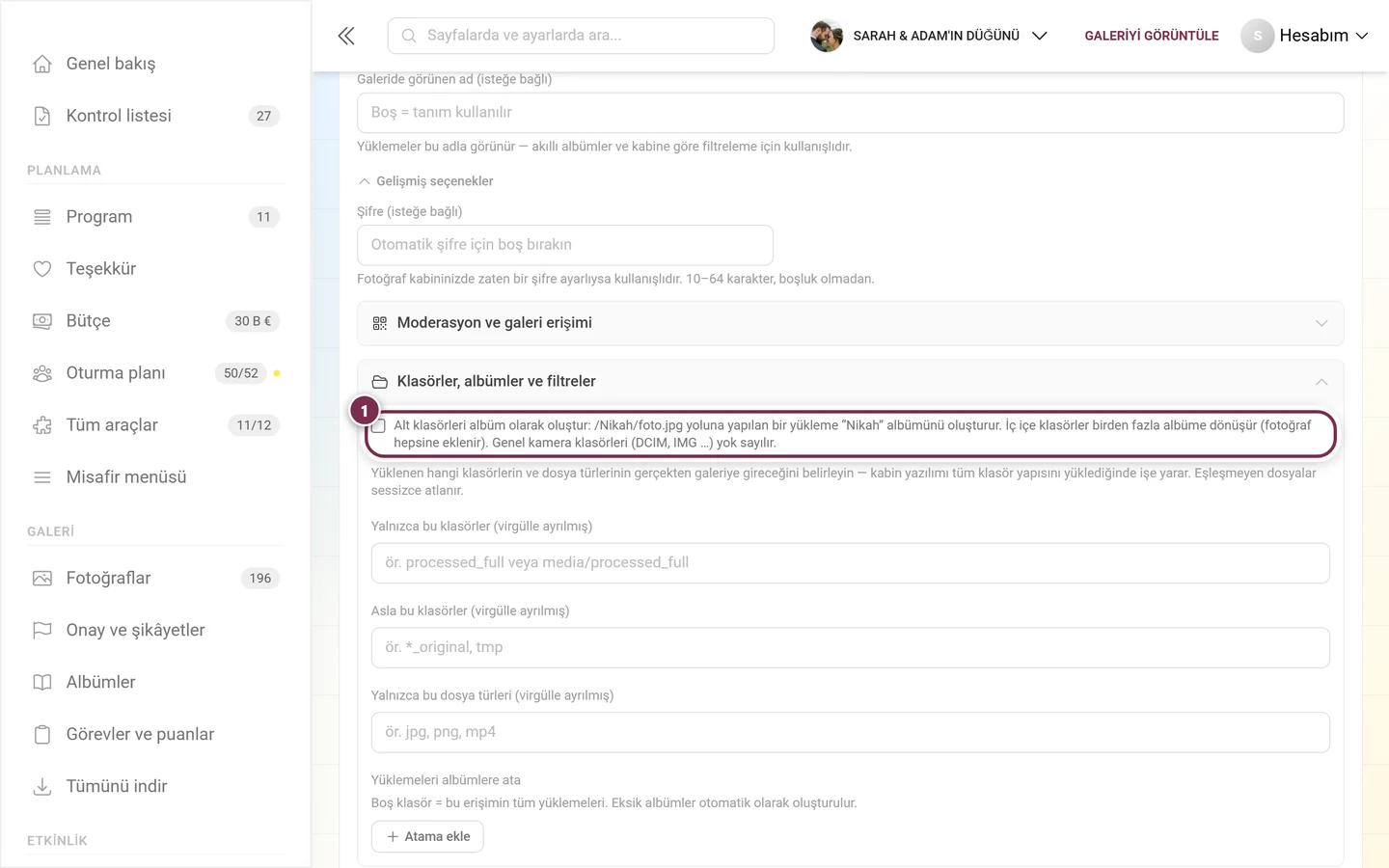 Klasörler, albümler ve filtreler grubunun en üstünde Alt klasörleri albüm olarak oluştur onay kutusu