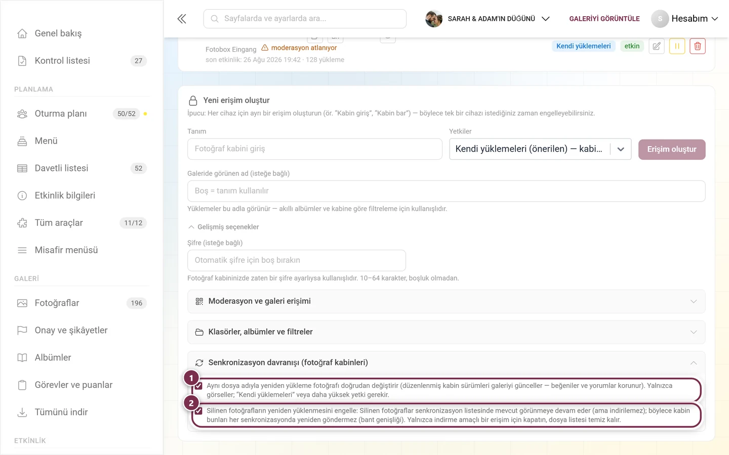 İki onay kutusu işaretlenmiş, açılmış Senkronizasyon davranışı grubu