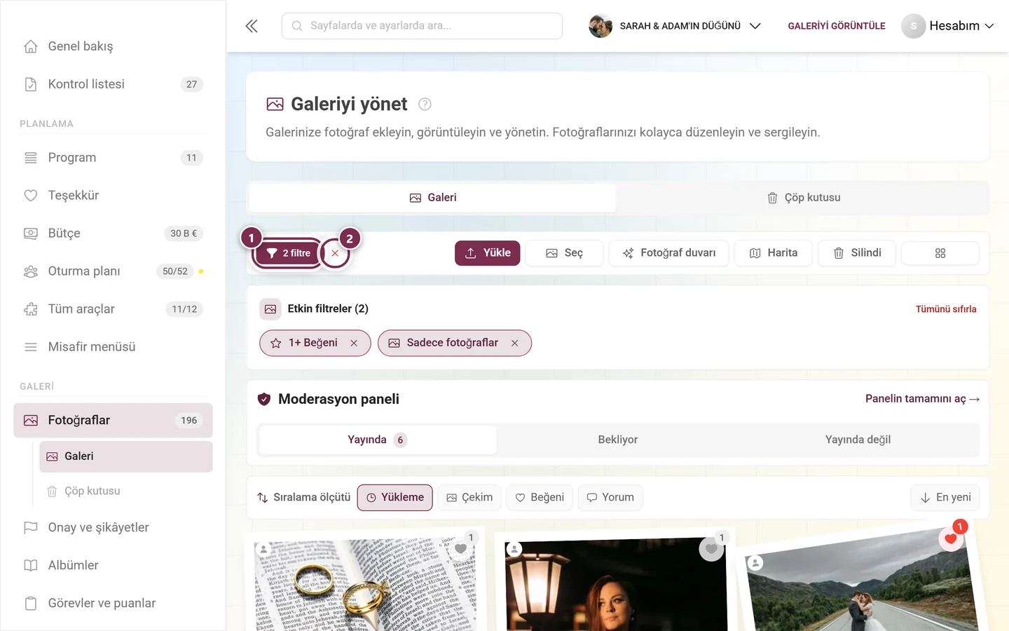 Sayıyı gösteren dolu filtre düğmesi ve yanında kırmızı X bulunan eylem çubuğu