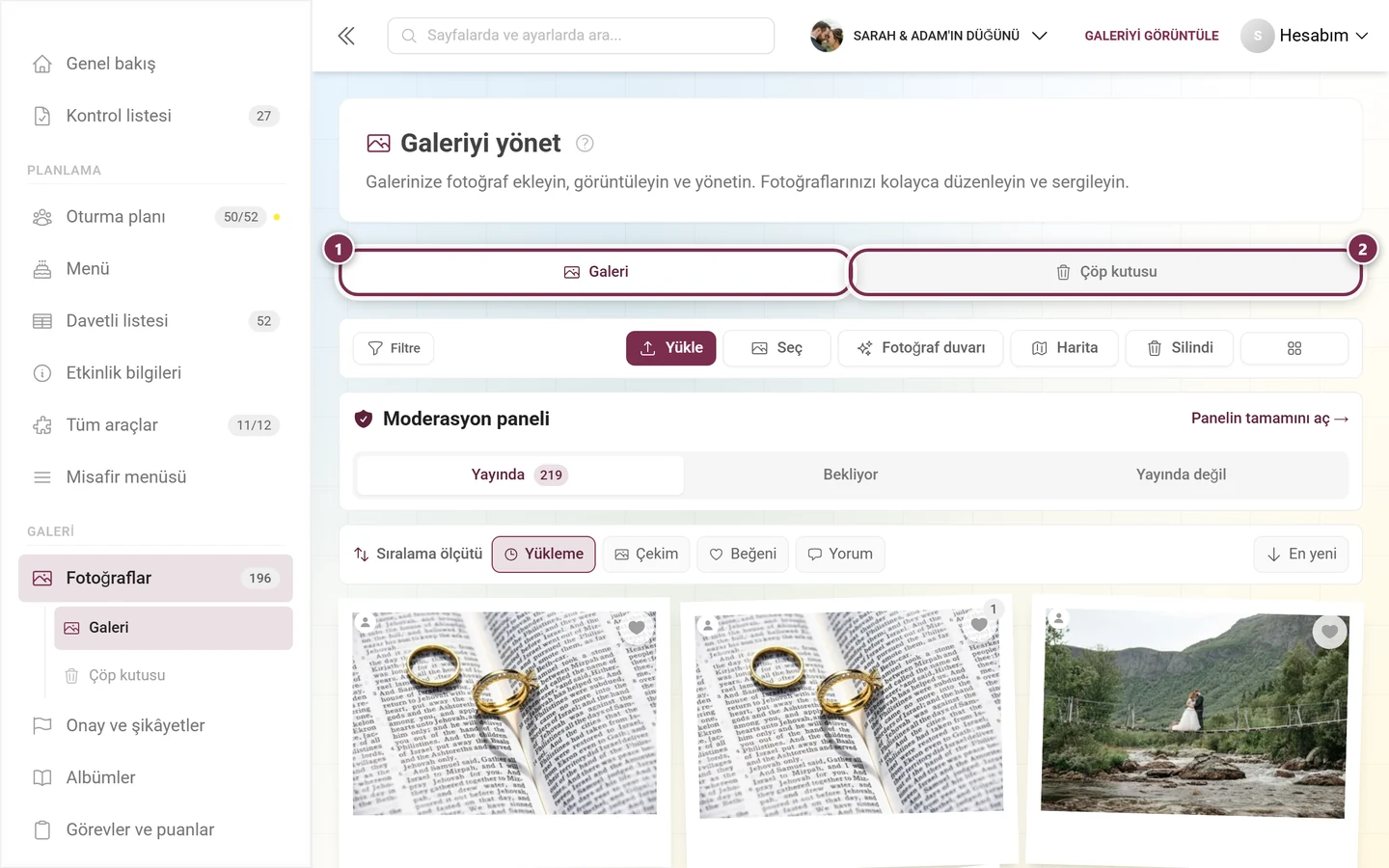 Galeri ve Çöp kutusu sekmeleri vurgulanmış sayfa sekme çubuğu