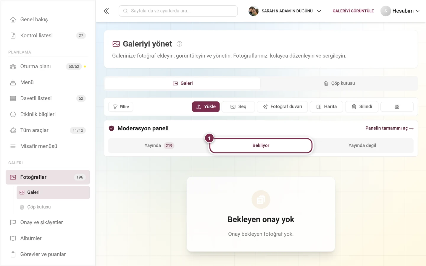 Bekleyen sekmesi vurgulanmış, altında Bekleyen onay yok boş durumu
