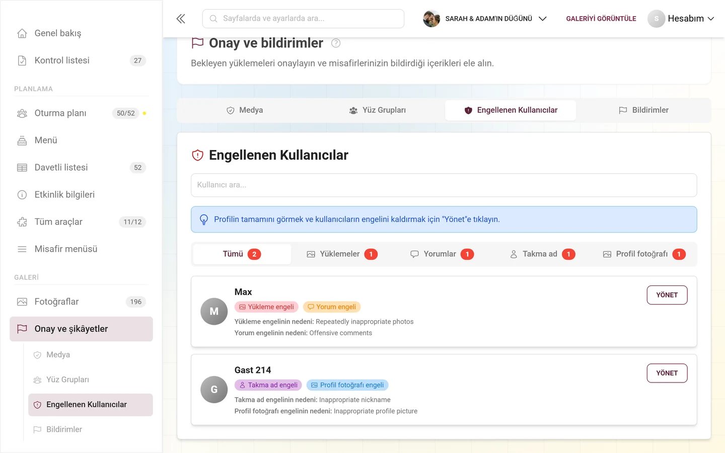 Beş filtre sekmesi ve iki kullanıcı kartıyla Engellenen kullanıcılar sekmesi