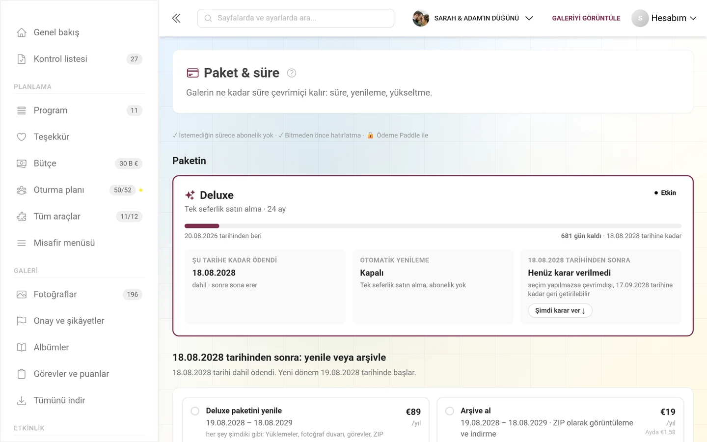 Paketin kartı, süre çubuğu ve Şu tarihe kadar ödendi, Otomatik yenileme ve tarihten sonra kutucuklarıyla Paket & süre sayfası