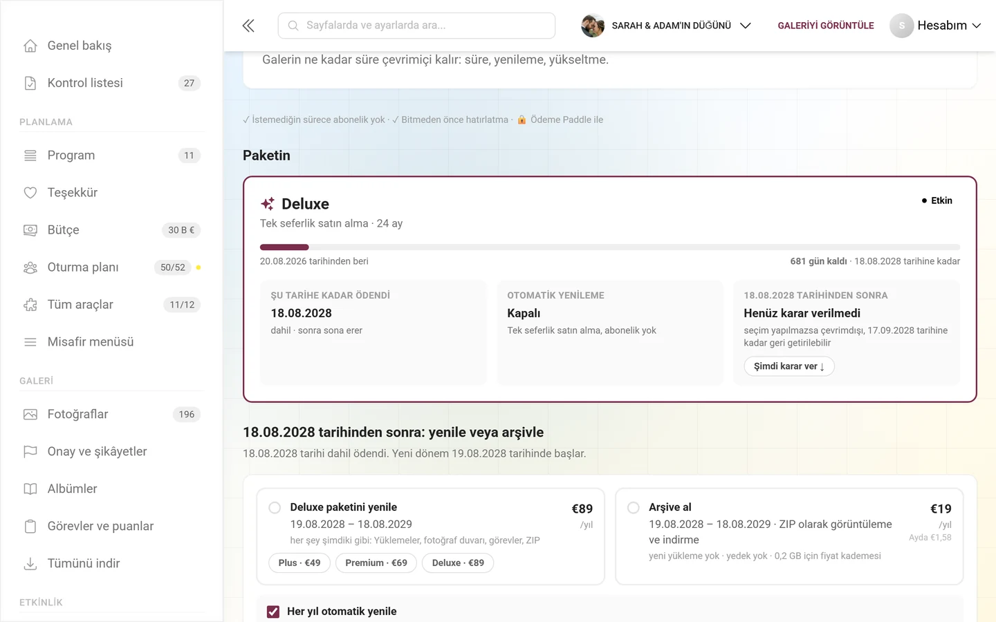 Paket adı, Etkin etiketi, süre çubuğu ve Şu tarihe kadar ödendi, Otomatik yenileme ve tarihten sonra kutucuklarıyla Paketin kartı