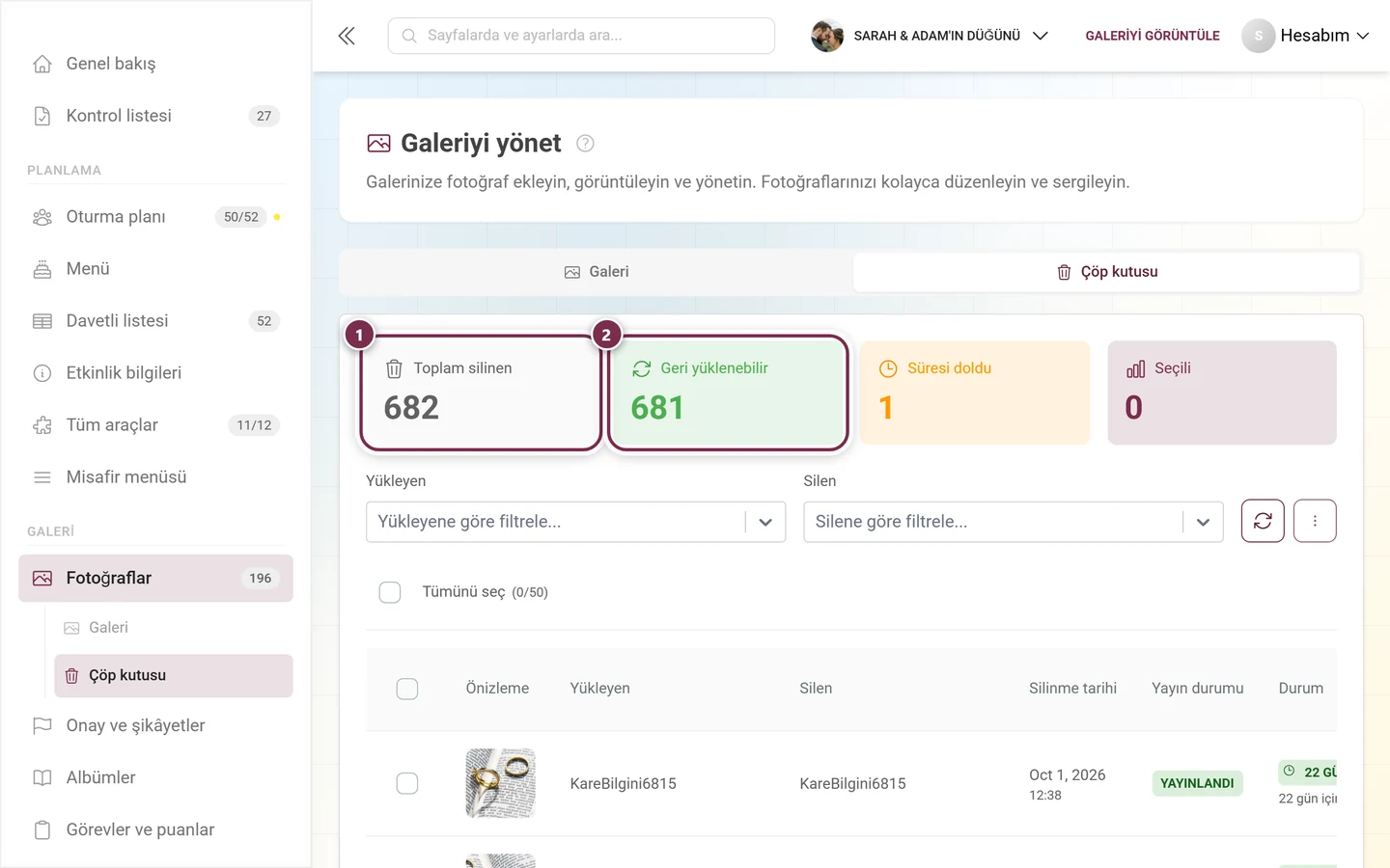 Toplam silinen ve Geri yüklenebilir işaretlenmiş çöp kutusu istatistik kutucukları