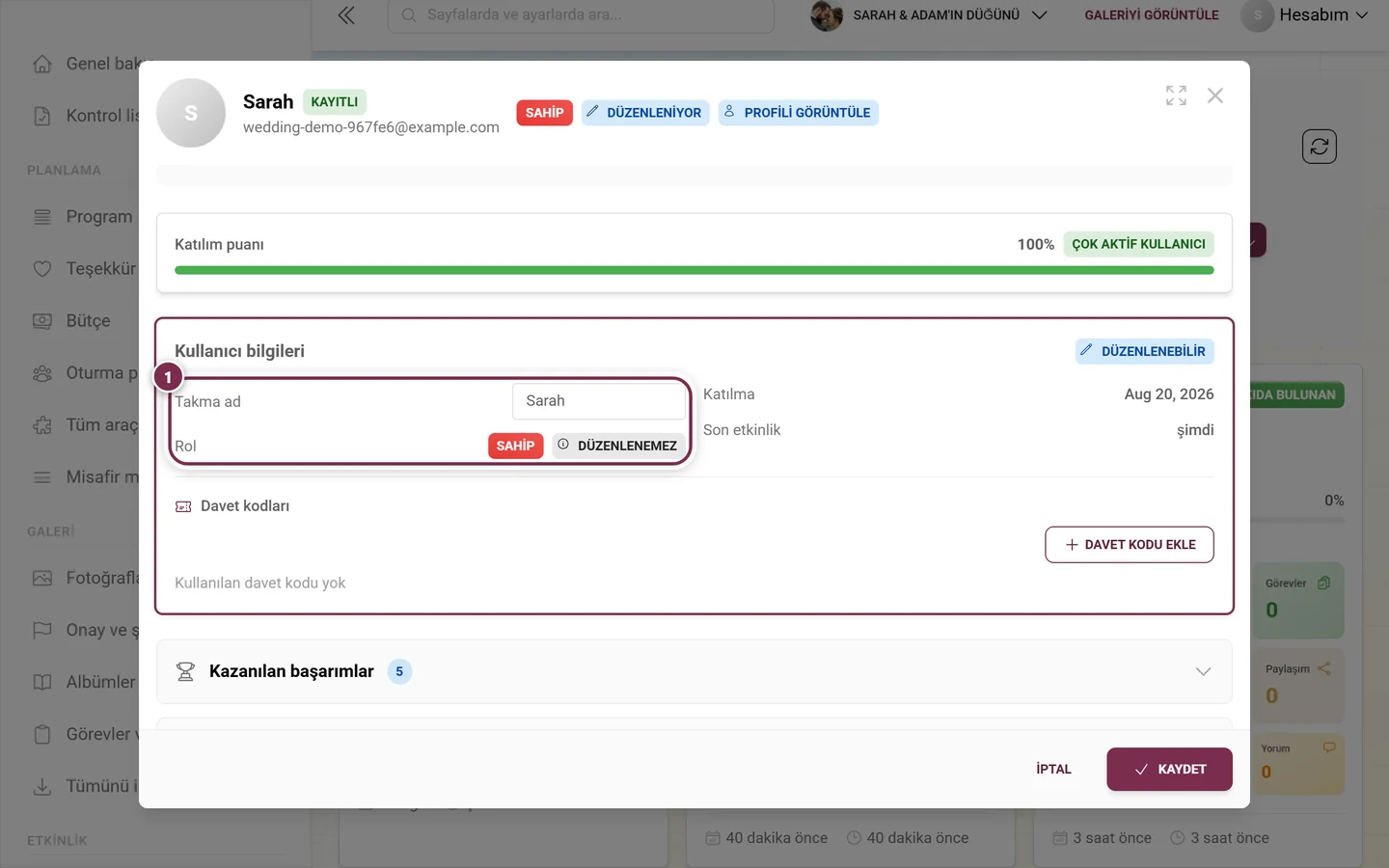 Rol satırı vurgulanmış, düzenleme modunda katılımcı ayrıntı penceresi