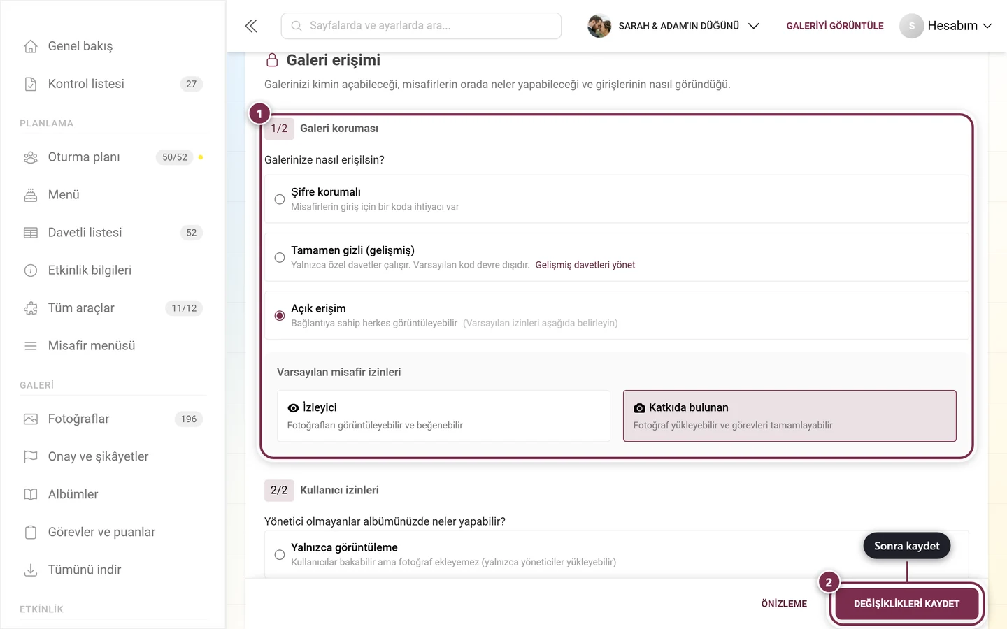 İşaretli ve kaydetme çubuklu, erişim sekmesindeki Galeri koruması bölümü