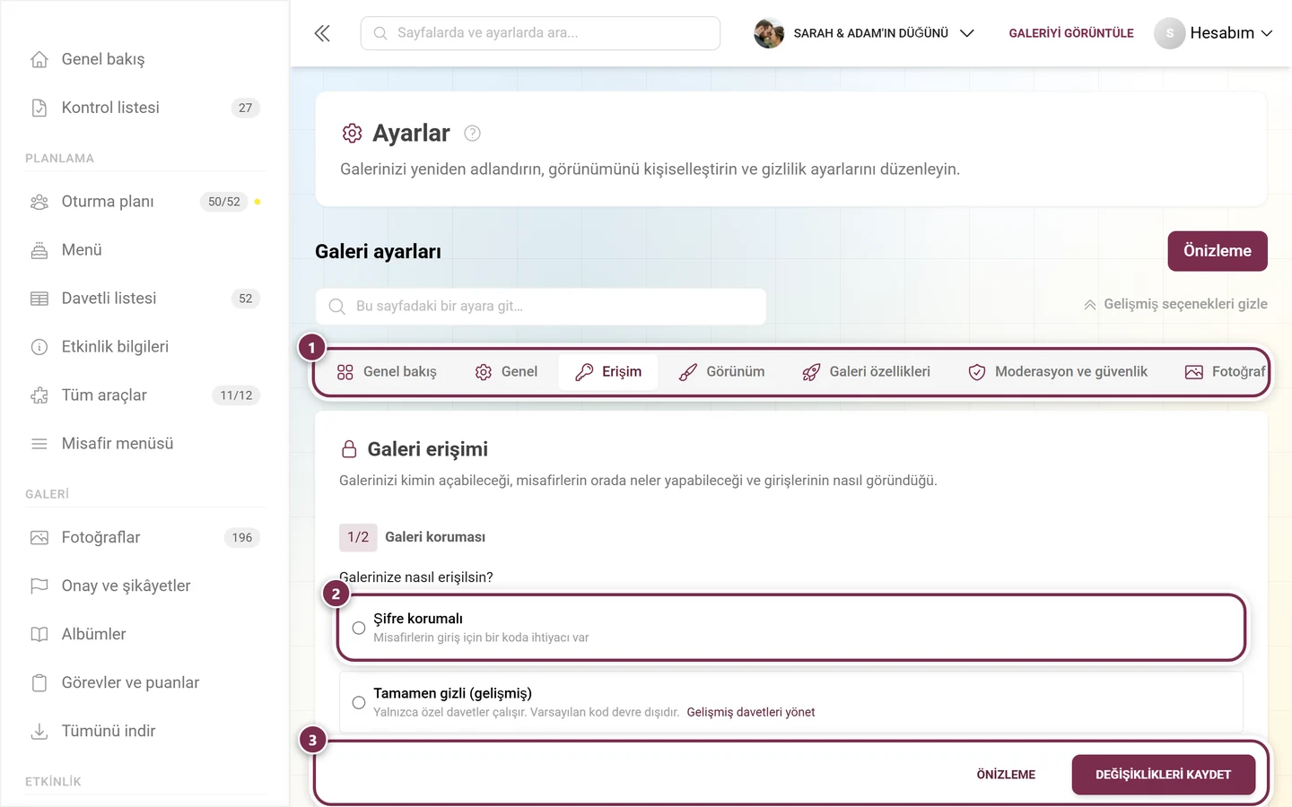 Galeri koruması, kullanıcı izinleri ve davet kodlarıyla galeri ayarlarının Erişim sekmesi