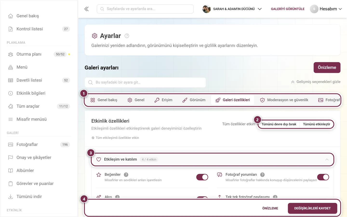 Beğeniler ve yorumlar için anahtarlarla etkinlik ayarlarındaki Galeri özellikleri sekmesi