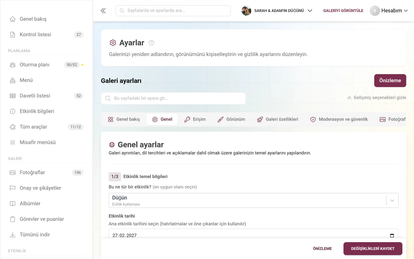 Etkinlik temel bilgileri, Dil ayarları ve Galeri içeriği bölümleriyle Galeri ayarlarının Genel sekmesi