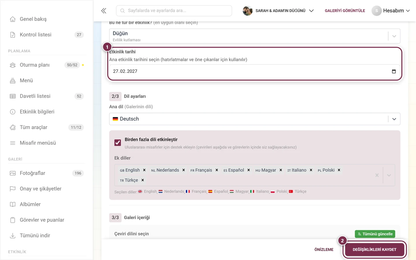 İşaretli ve kaydetme çubuklu, genel ayarlardaki Etkinlik tarihi alanı