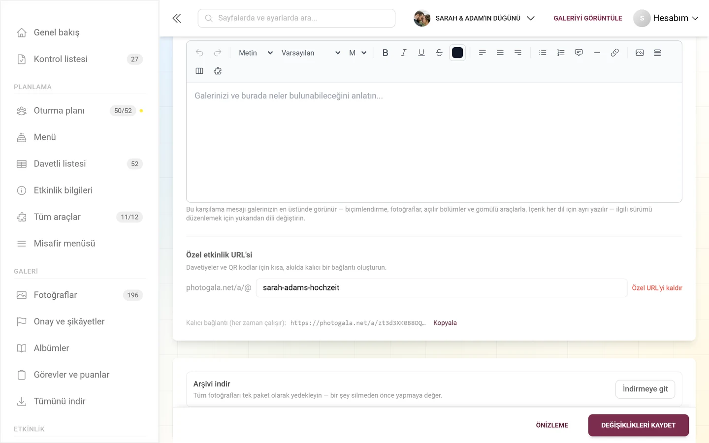 Giriş alanı ve altında kalıcı bağlantı bulunan özel etkinlik URL'si