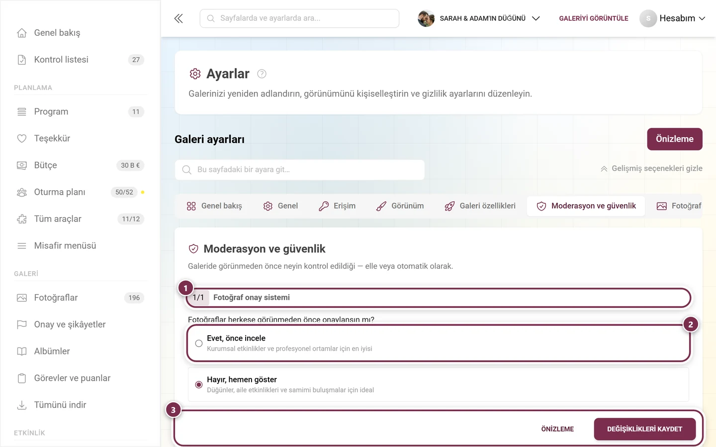 Ev sahibi alanındaki Moderasyon ve güvenlik ayar sekmesi