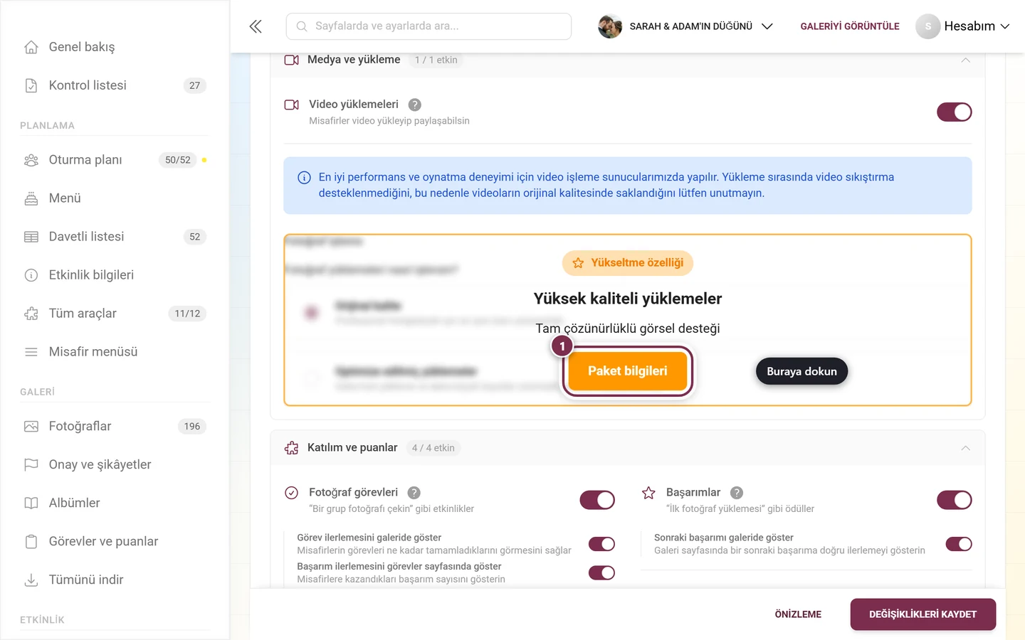 Turuncu bir yükseltme notuyla örtülmüş Fotoğraf yönetimi bloğu, düğme işaretli