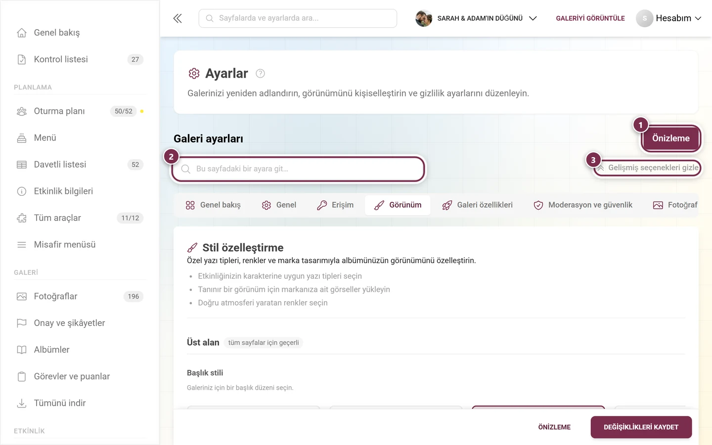 Logo, renkler ve kapak görseliyle görünüm ayarları