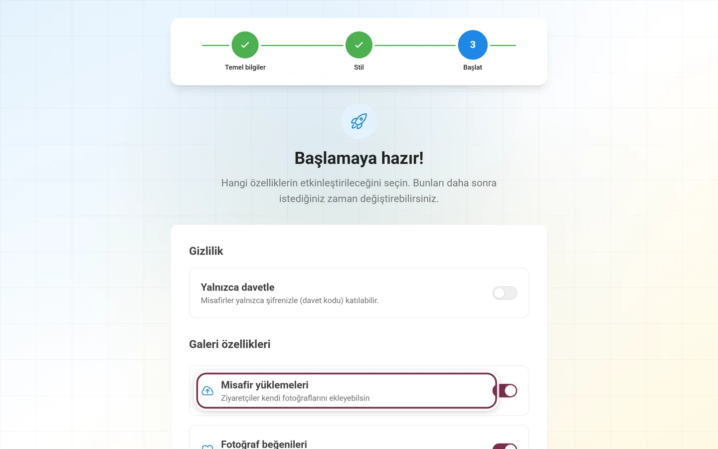 Galeri özellikleri altında anahtar listesiyle Başlamaya hazır sihirbaz adımı