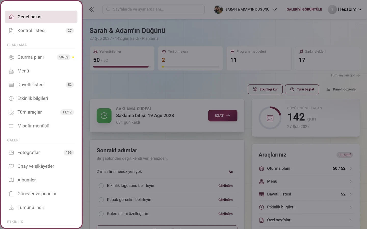 Planlama grubu, etkin araçlar ve Tüm araçlar öğesiyle yönetim alanının kenar çubuğu
