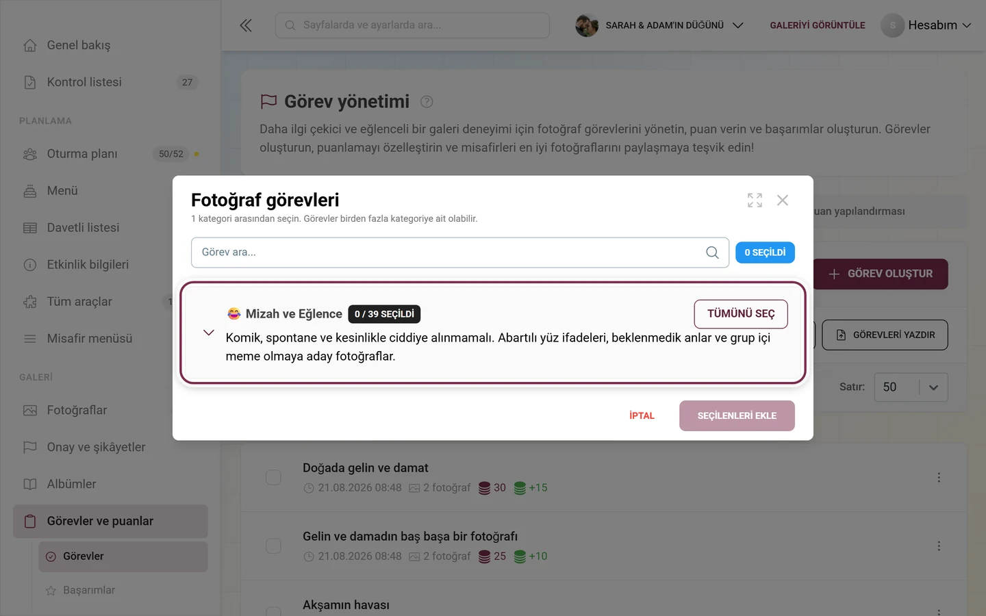 Arama alanı ve kırmızıyla işaretlenmiş ilk kategori satırıyla Fotoğraf görevleri iletişim kutusu