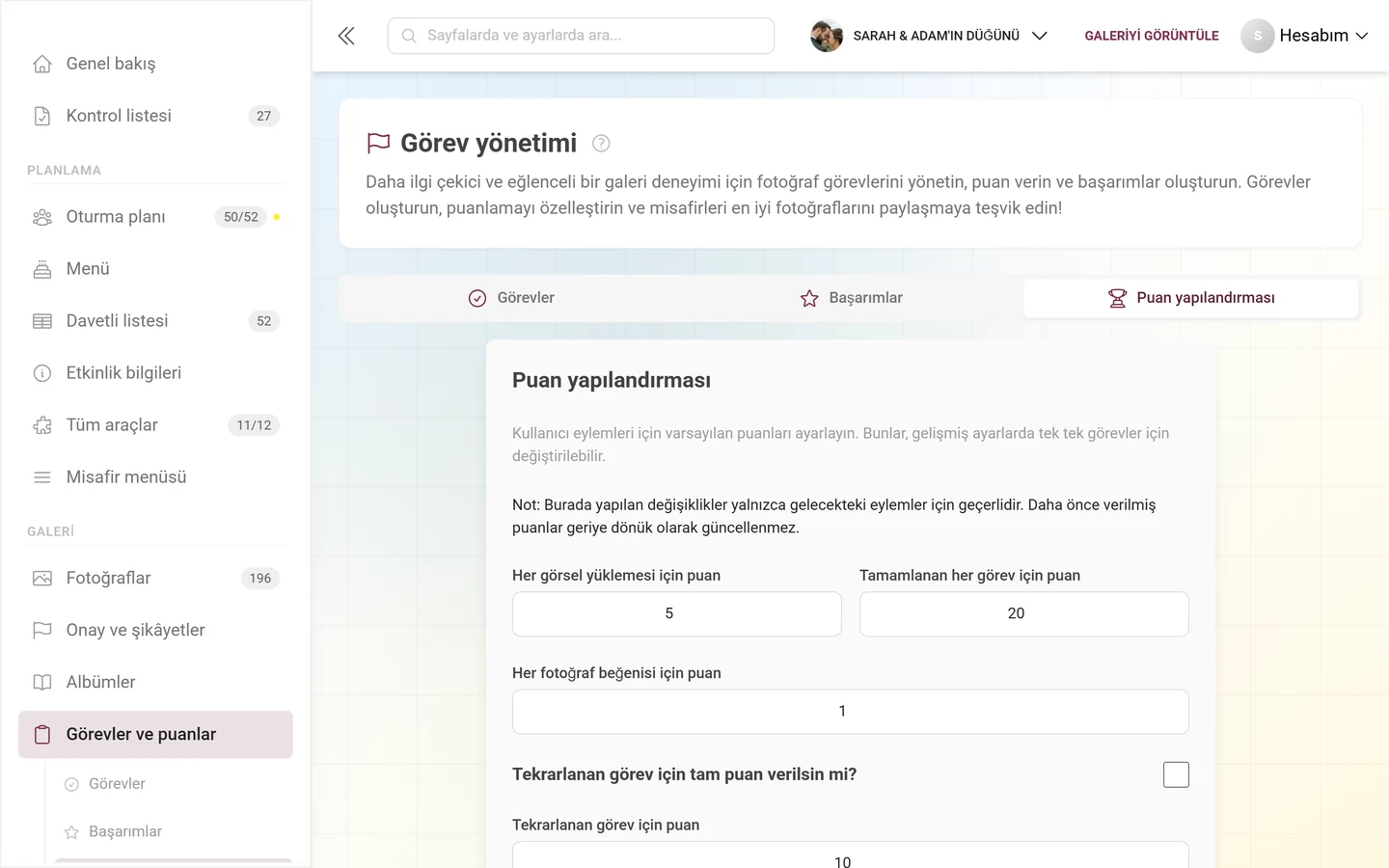 Eylem başına puan değerleriyle Puan yapılandırması sekmesi