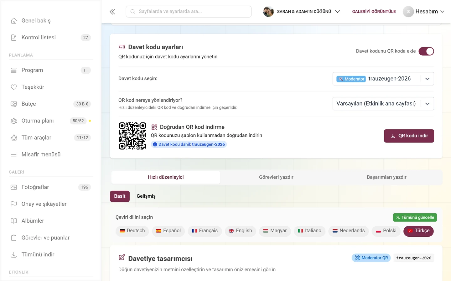 Anahtarı, QR hedefi ve doğrudan indirmesiyle davet kodu ayarları kartı