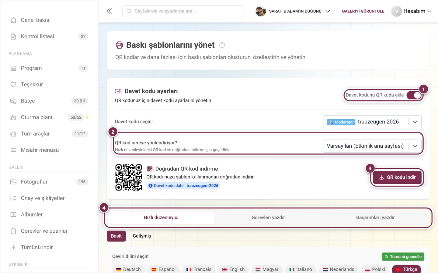Davet kodu anahtarı, QR hedefi, indirme düğmesi ve sekmeleri vurgulanmış baskı şablonları sayfası