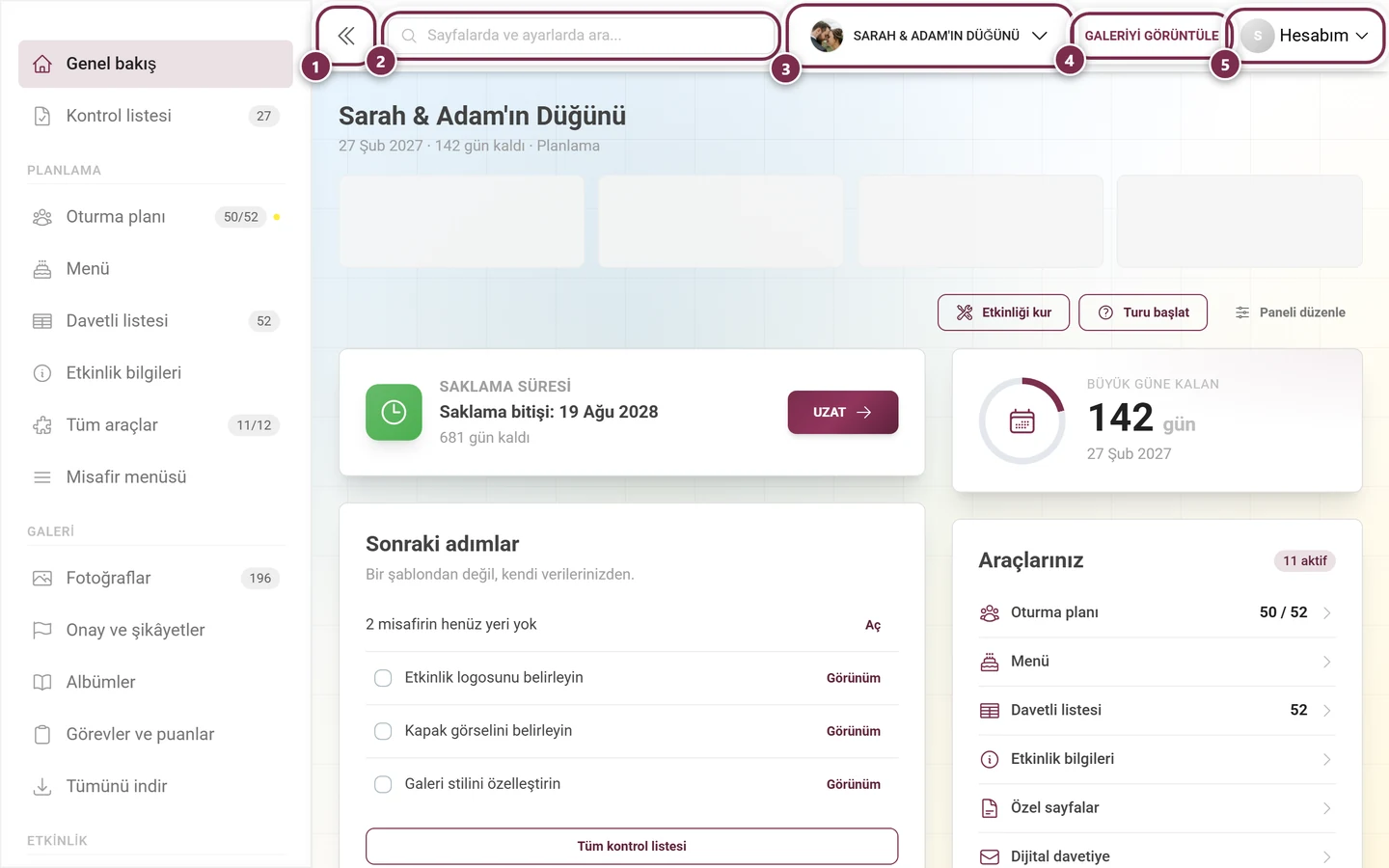 Bilgisayarda, 1'den 5'e kadar numaralandırılmış ve kırmızıyla işaretlenmiş beş kontrol öğesi bulunan yönetim üst çubuğu
