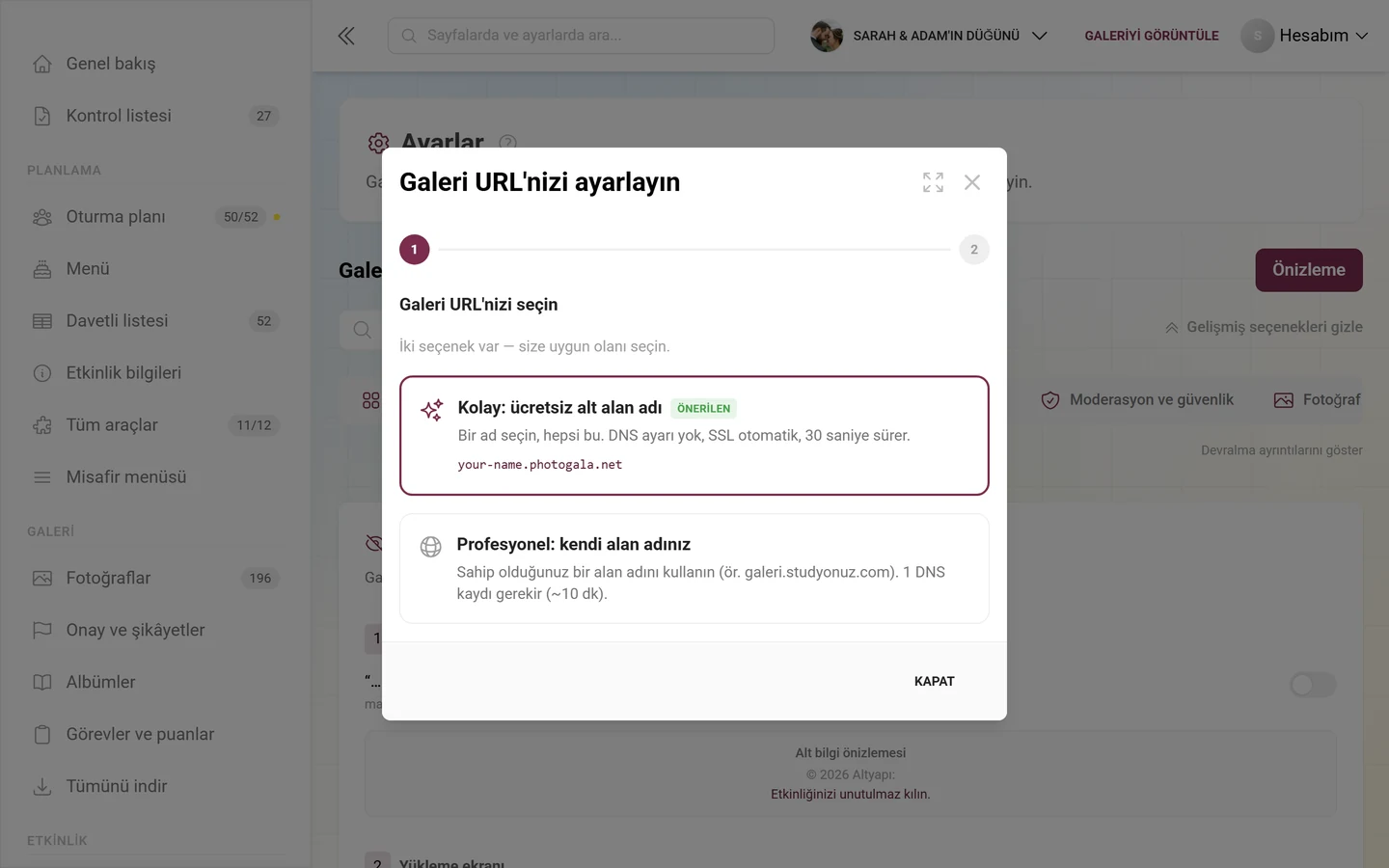 Özel galeri URL'si ayarlama sihirbazı