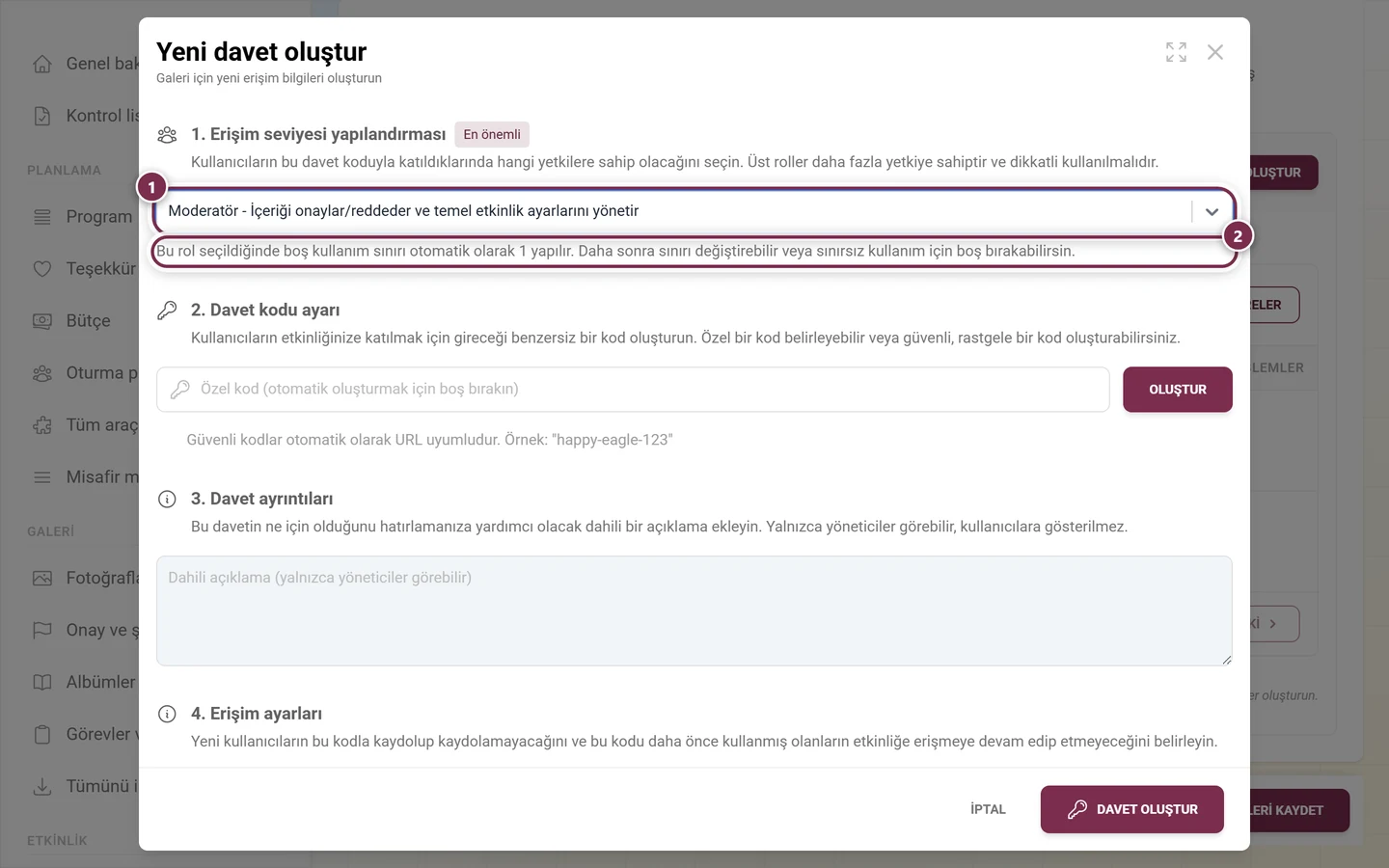 Moderatör rolü seçili ve altında kırmızı güvenlik notuyla oluşturma iletişim kutusu