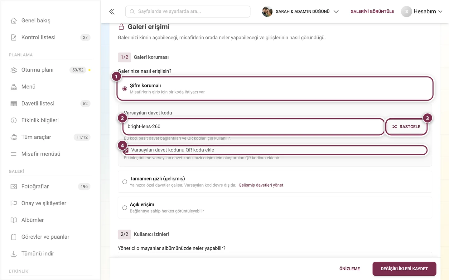 Şifre korumalı seçili, Varsayılan davet kodu alanı, Rastgele düğmesi ve QR kod onay kutusuyla galeri koruması