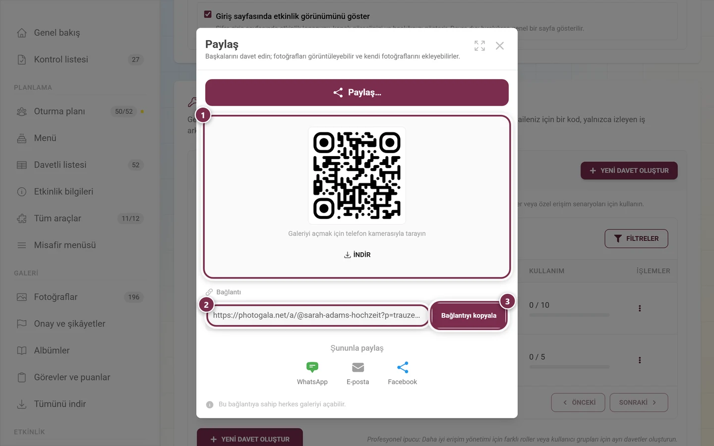 QR kod, İndir düğmesi, bağlantı alanı ve Bağlantıyı kopyala ile Paylaş iletişim kutusu