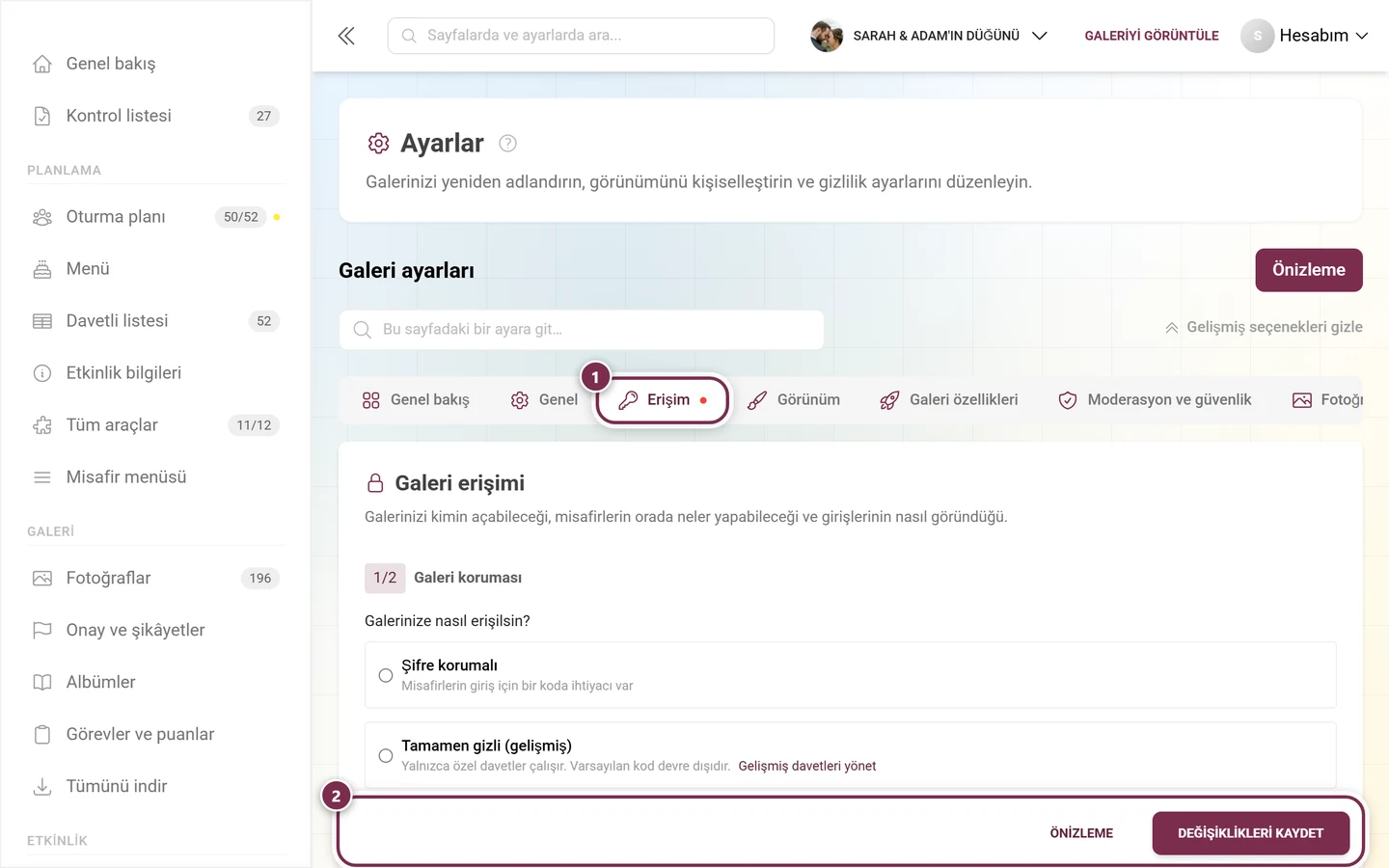 Erişim sekmesinde kırmızı nokta ve altta kaydetme çubuğuyla ayarlar sekme satırı