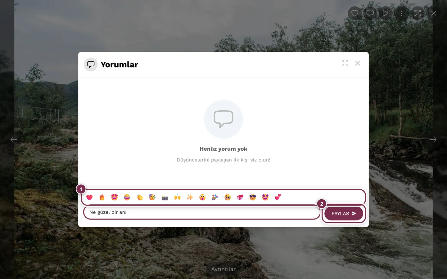Doldurulmuş giriş alanı, emoji çubuğu ve Gönder düğmesi işaretlenmiş bir fotoğrafın yorum alanı
