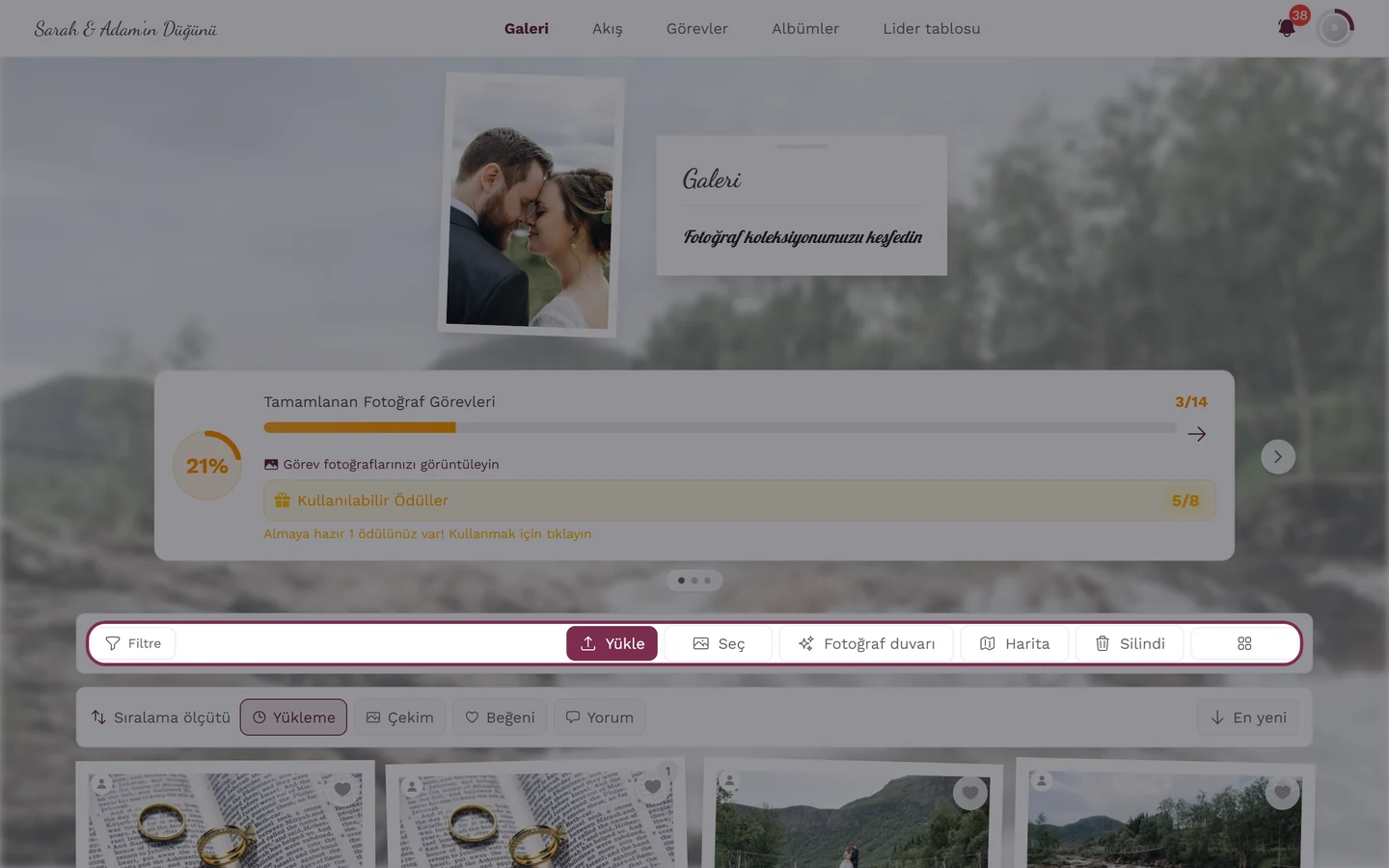 Filtre, Yükle, Seç, Fotoğraf duvarı ve Harita içeren galeri araç çubuğu