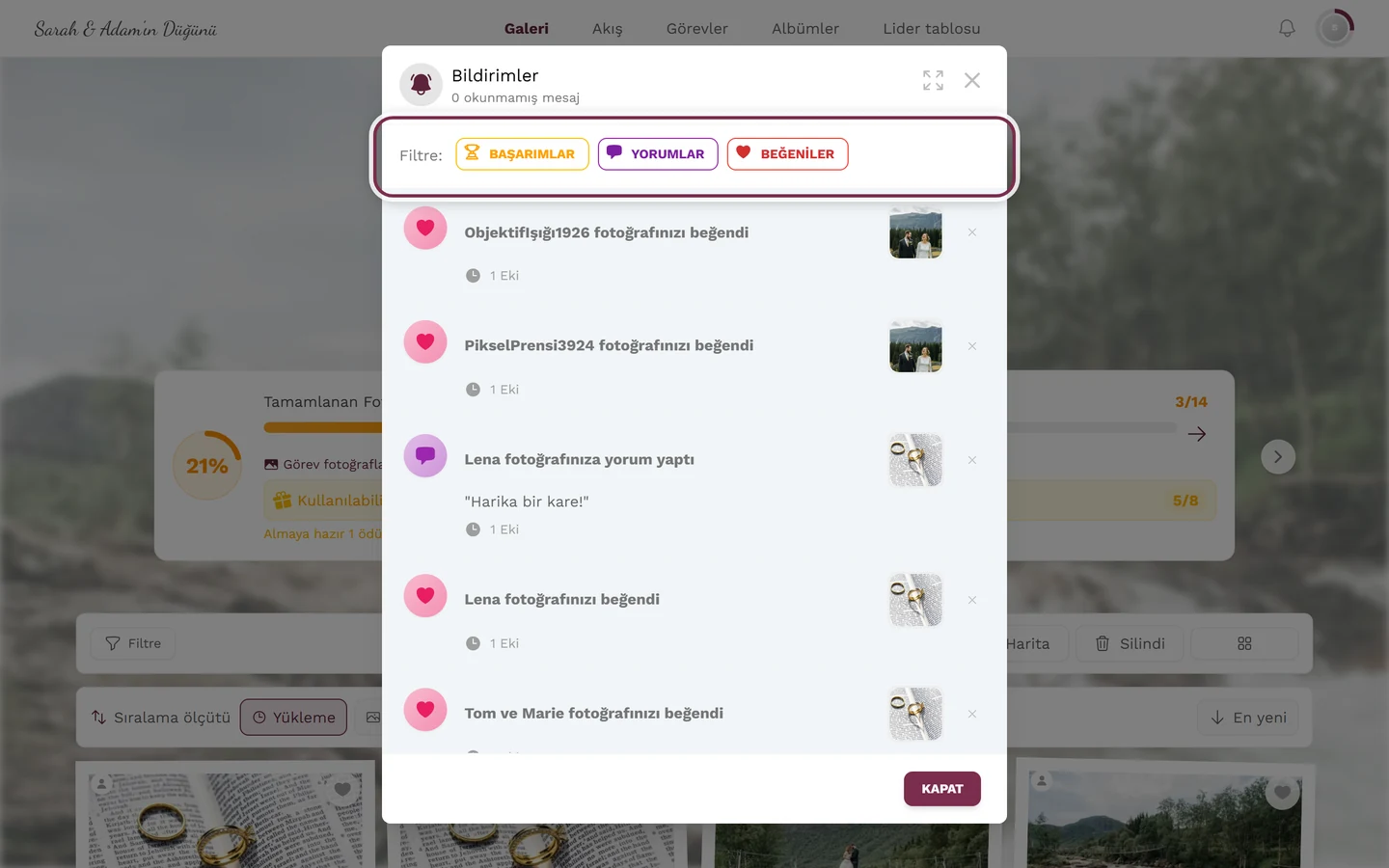 Tür etiketleriyle filtre çubuğu işaretlenmiş, açık bildirimler menüsü