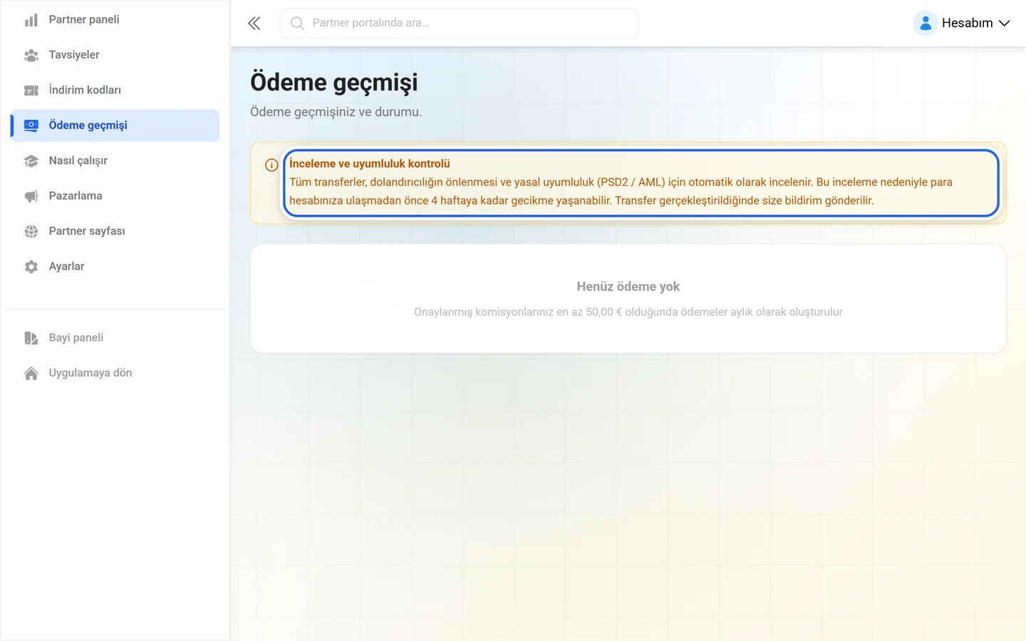 Geçmişin üstünde İnceleme ve uyumluluk kontrolü notu işaretli ödeme sayfası