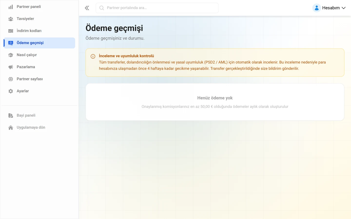 İş ortağı portalında ödeme geçmişi