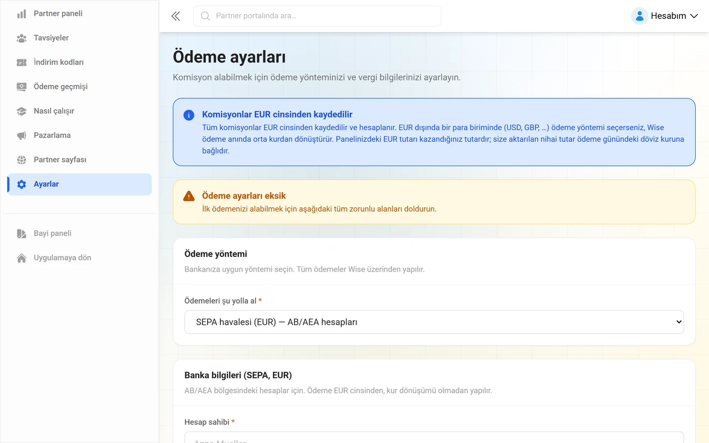 İş ortağı portalında ödeme ayarları ve vergi bilgileri