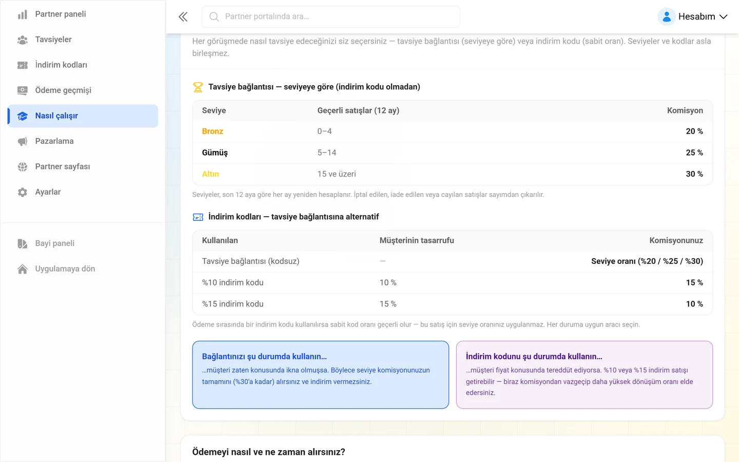 Bronz, Gümüş ve Altın kademe tablosu ve altında indirim kodu oranları tablosu
