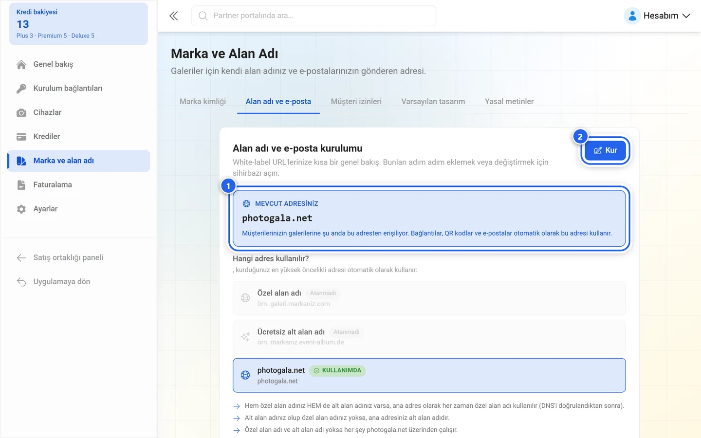 Adres kutucuğu ve Kur düğmesi işaretli Alan adı ve e-posta sekmesinin başlığı