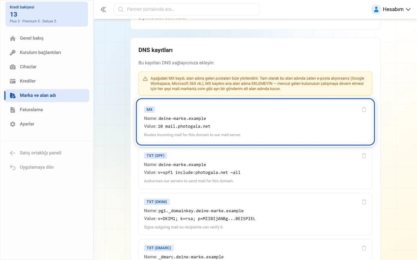 MX kaydı işaretli, e-posta gönderimi için DNS kayıtları