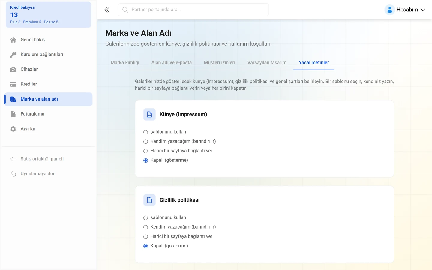 Marka yönetiminin Yasal metinler sekmesi