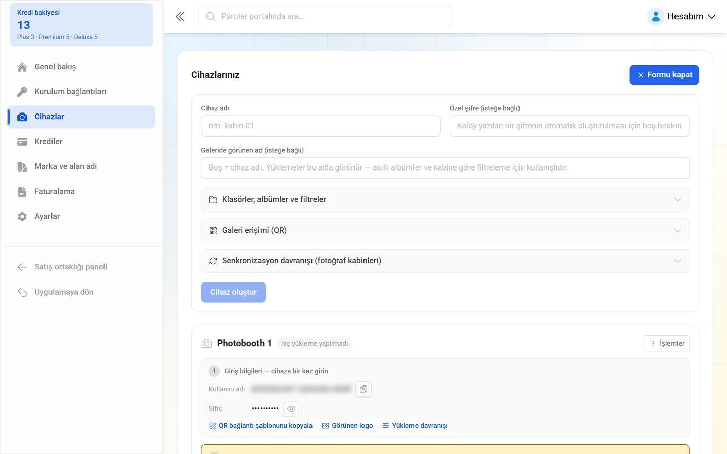 Cihaz adı, özel şifre, görünen ad ve yükleme davranışının üç grubuyla açılmış form